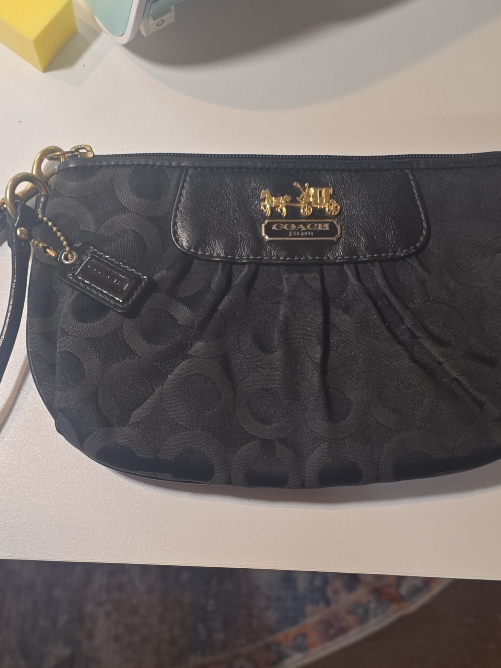 **Sale** Coach Madison Black Signature Jacquard Wristlet Pouch - Black/Gold